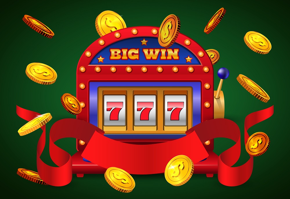 Slot machine with Big Win inscription at the top of it and flying golden coins on green background